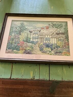 Vintage Framed Pastel Cottage Garden Needlework Wall Art - Unbranded